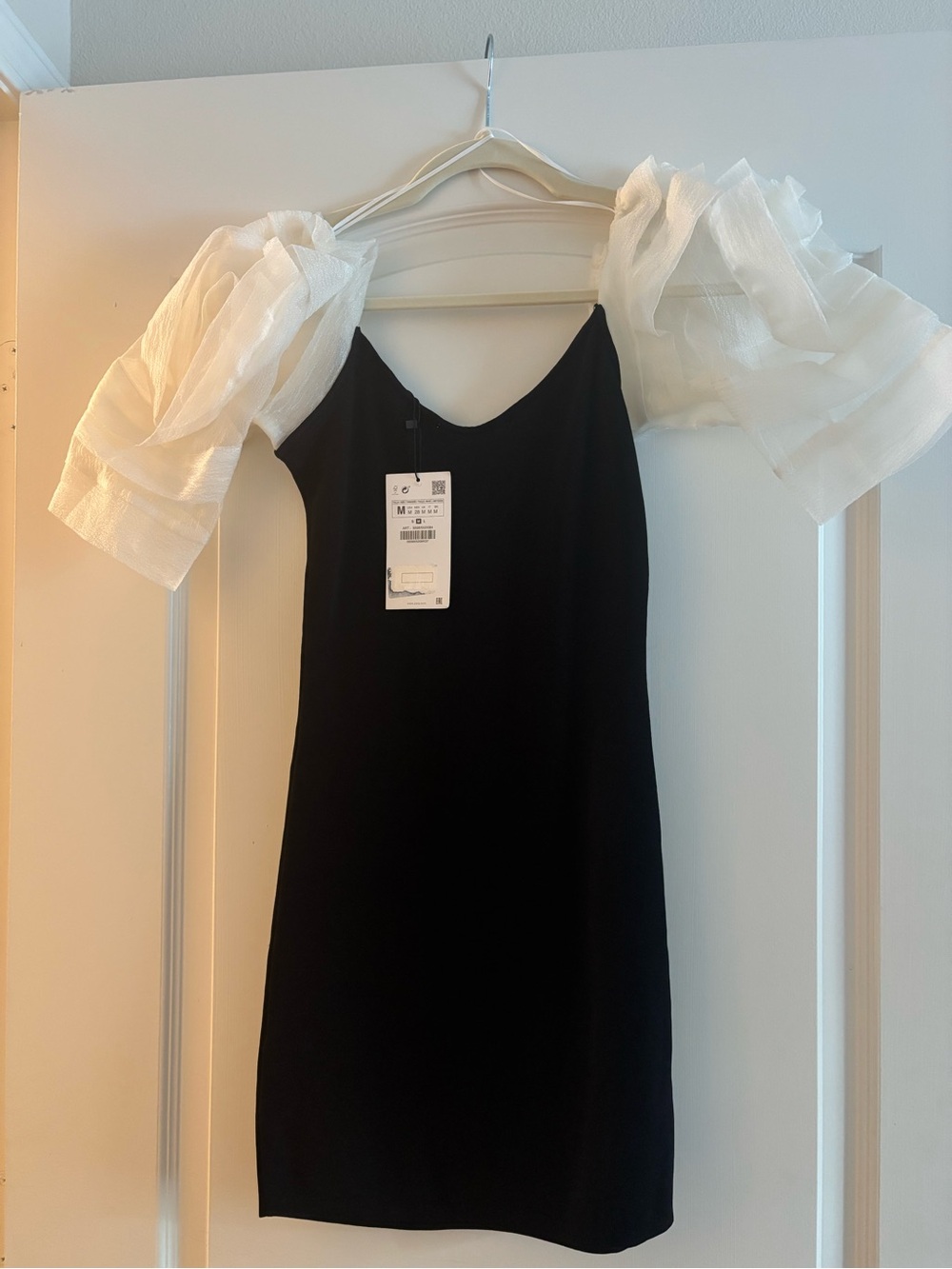 Zara Black Mini Dress with White organza sleeves with 3d flower